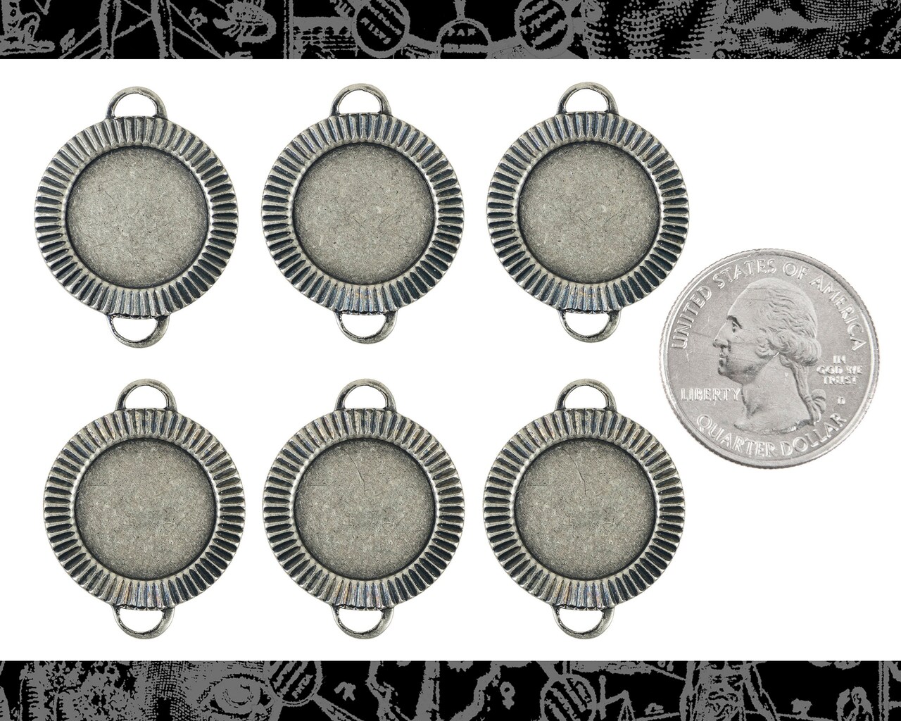 Small Round Antiqued Silver Plated Brass Frame Four Ring Charms 12mm flat for graphic insert - Set of Six - S-F01